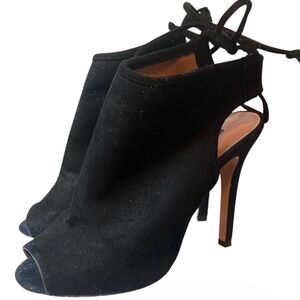 BCBG Black Suede Peep-Toe Lace-Up High Heel Booties